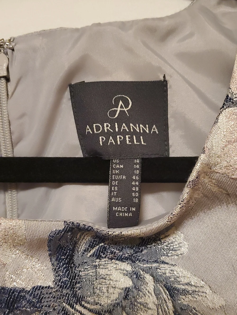 Adrianna Papell Silver Maxi Dress with Navy Floral Jacquard Sz 14